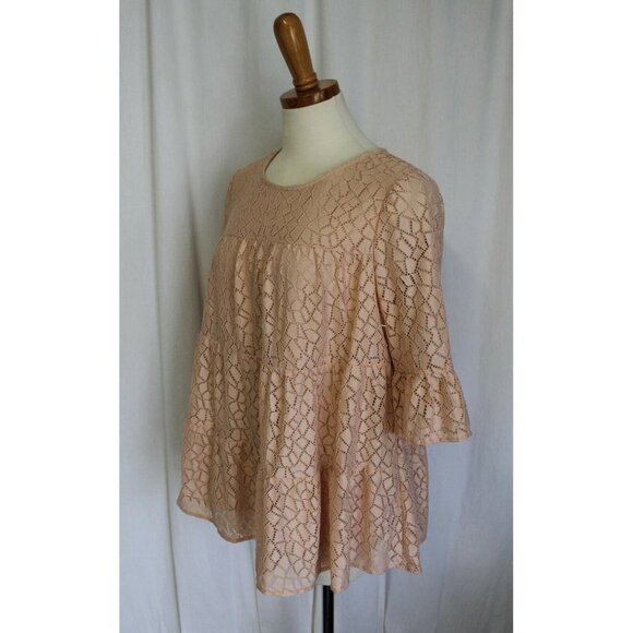 Pleione Tiered Stretch Lace Blouse Ruffle Sleeve Top Blush W/ Nude Lining XS $88 - Picture 3 of 3